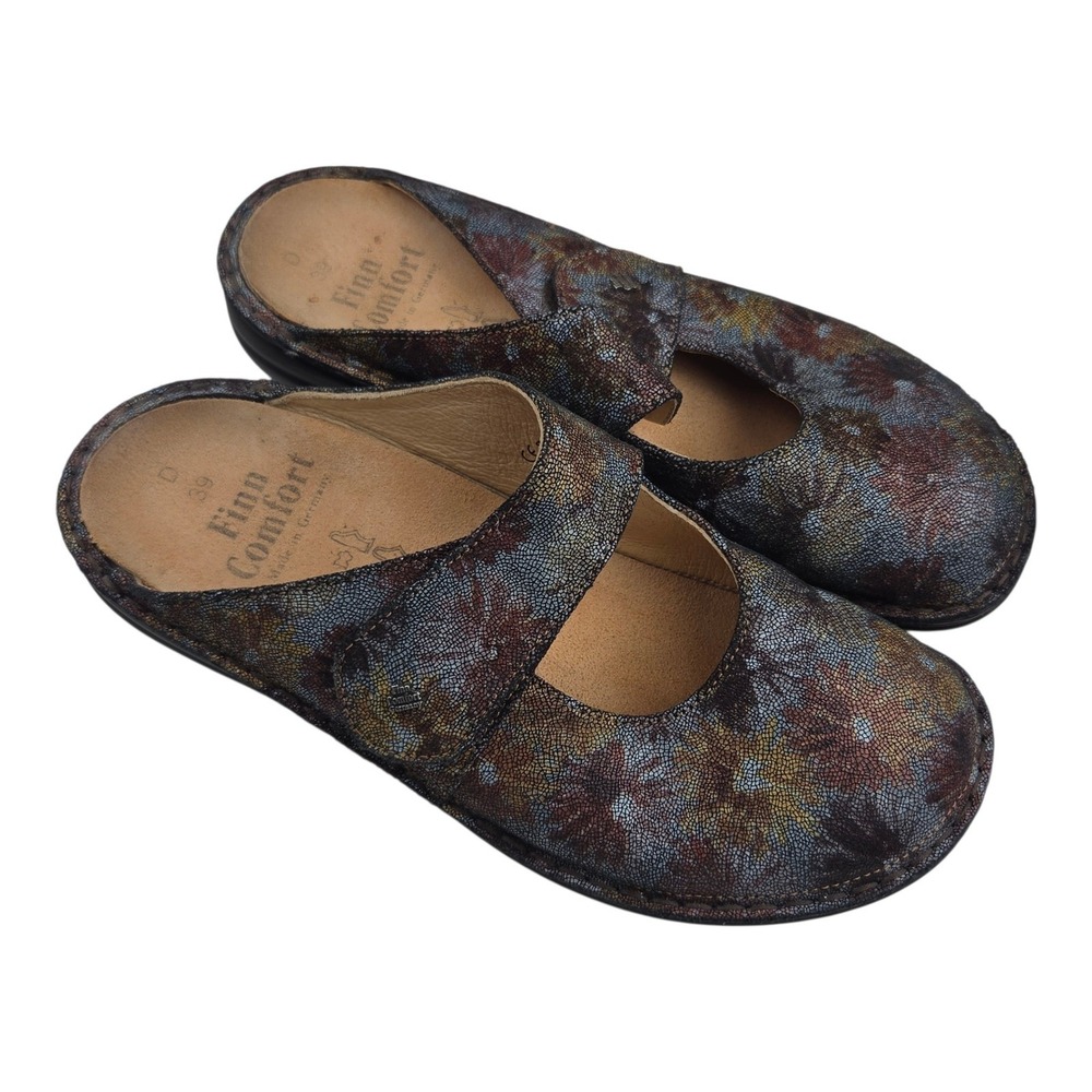 Finn Comfort Stanford Mary Jane Leather Clogs Mules US 8.5 EU 39 Metallic Floral